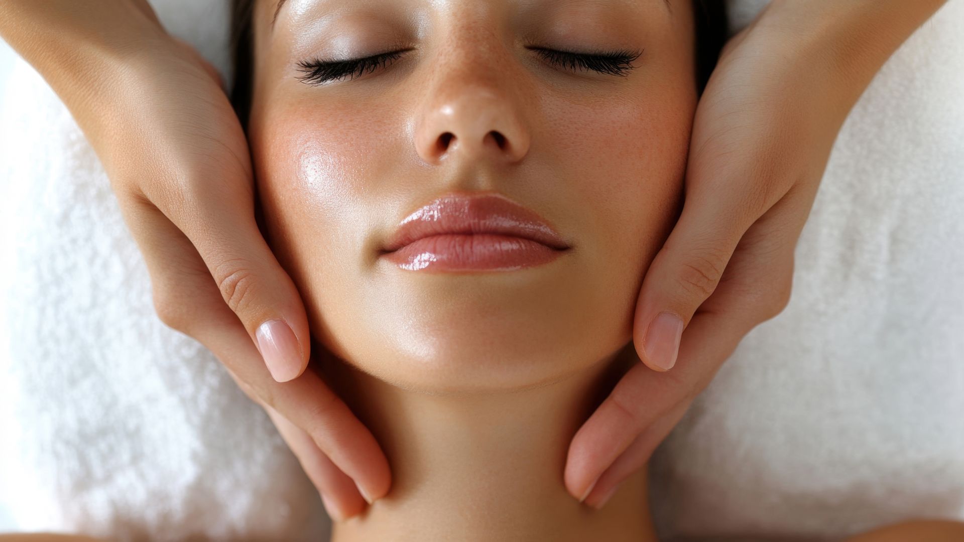 A client experiencing a calming Reiki facial treatment in Westchester County.
